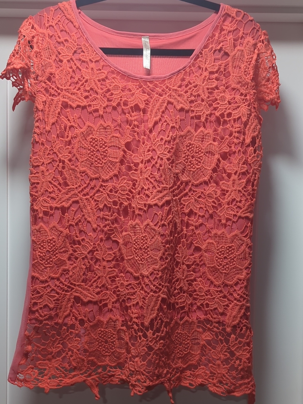 Simply Irresistible Coral Crochet Lace Overlay Top